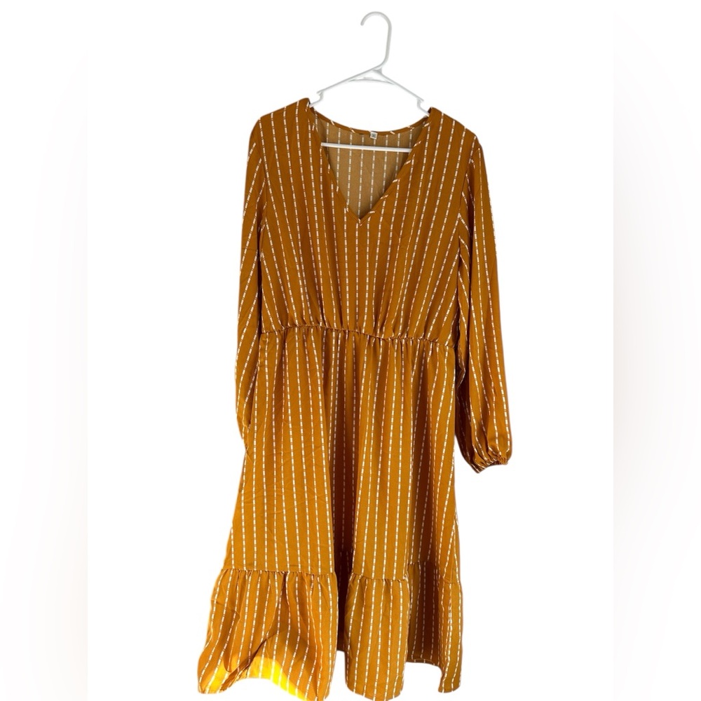 Striped Mustard Long Sleeve Midi Dress
